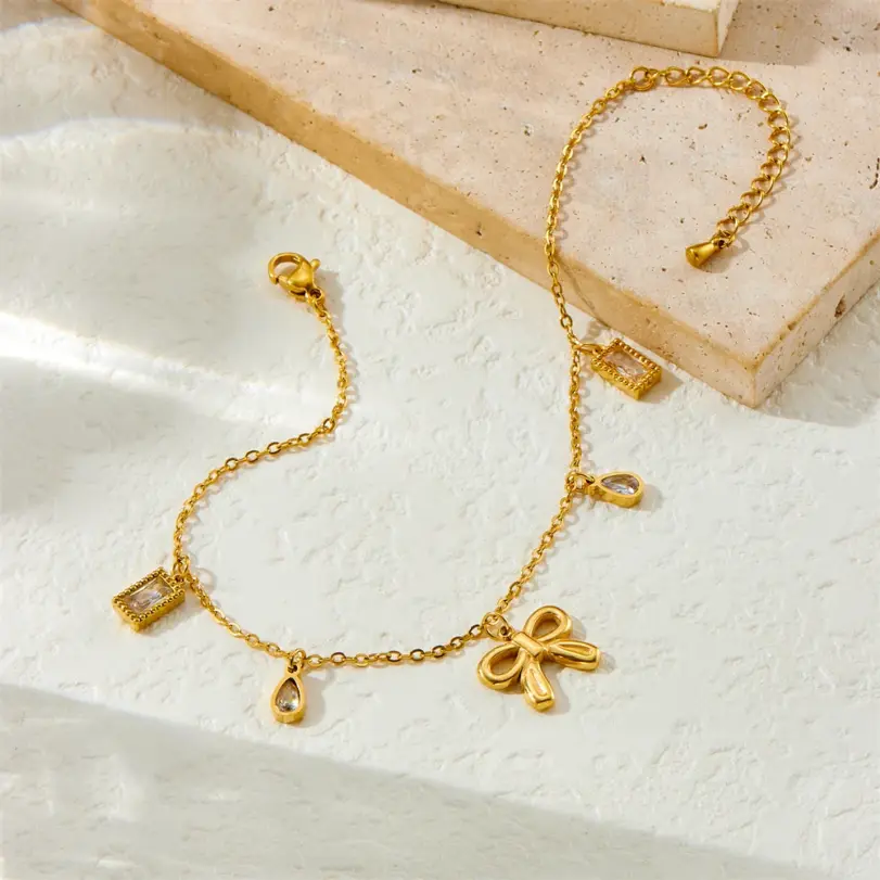 DIEYURO 316L Acero inoxidable lazo dorado corazón cuadrado circón tobillera para mujer tendencia moda cadena de pie joyería regalo de vacaciones 3