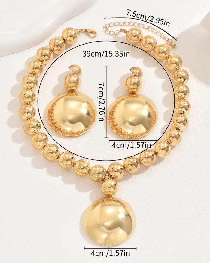 Conjunto de collar y pendientes vintage de cuentas lisas extragrandes, con dije de disco redondo grande brillante, estilo europeo americano moderno para uso diario 2