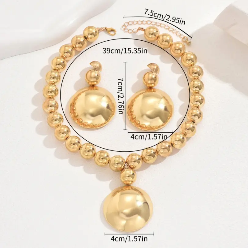 Conjunto de collar y pendientes vintage de cuentas lisas extragrandes, con dije de disco redondo grande brillante, estilo europeo americano moderno para uso diario 2