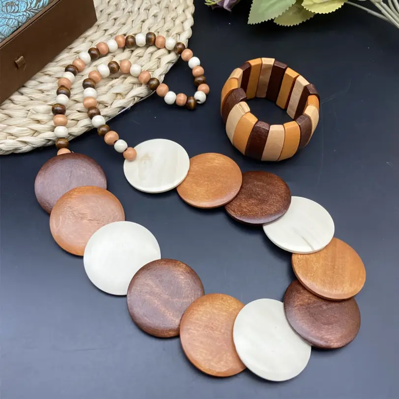 Juego de collar y pendientes hechos a mano con cuentas redondas de madera geométricas de colores bohemios, accesorios de fiesta para mujer, 4 Uds. 6