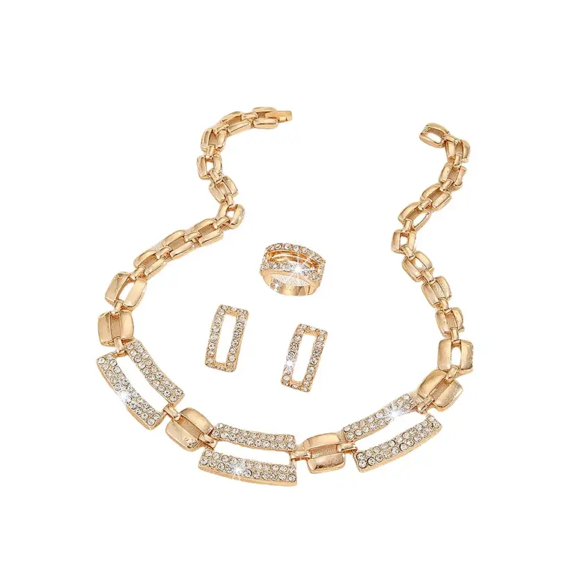 Conjunto de collar, pendientes y anillo con cadena geométrica de pedrería de color dorado, de lujo, para mujer, ideal para bodas, fiestas y como regalo. 5