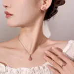 Conjunto de joyería Vintage elegante para mujer, collar con forma de gota de gema rosa, gargantilla de cristal brillante, pendientes de boda para fiesta, 4 Uds. 2
