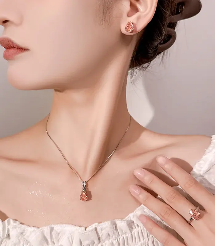 Conjunto de joyería Vintage elegante para mujer, collar con forma de gota de gema rosa, gargantilla de cristal brillante, pendientes de boda para fiesta, 4 Uds. 2