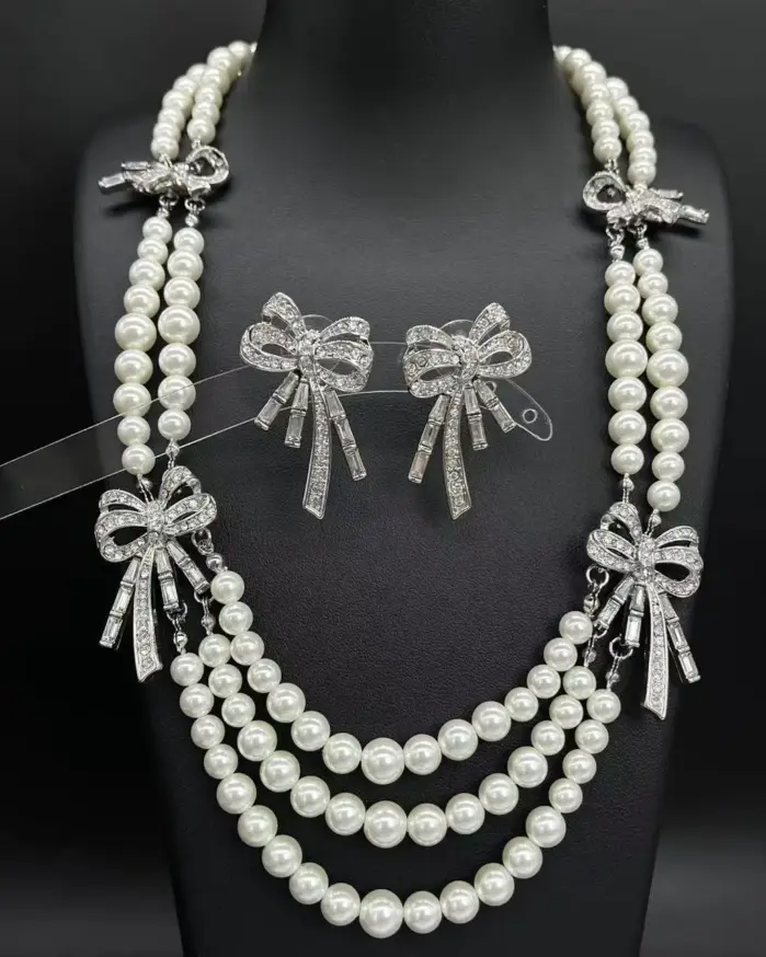 Conjunto de joyería Vintage elegante para mujer, collar de perlas con lazo, gargantilla de cristal brillante, pendientes de boda para fiesta, 3 uds. 2