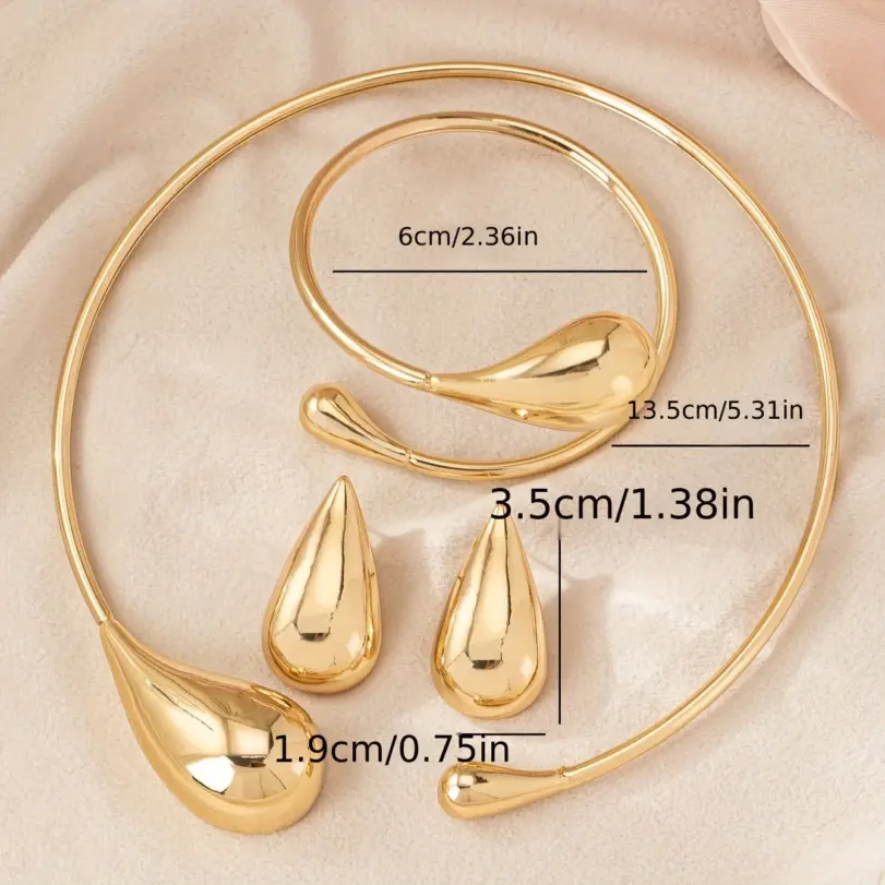 Juego de Joyería Elegante y Moderno de 4 Piezas para Mujer, Collar con Gotas de Agua, Gargantilla de Metal Dorado, Aretes para Uso Diario Informal 6