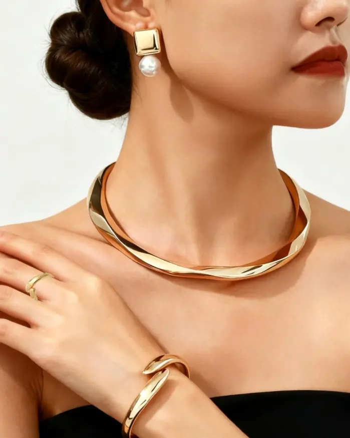 Juego de Joyería Elegante y Moderno de 5 Piezas para Mujer, Collar Irregular de Moda, Gargantilla Dorada Abierta, Aretes Casuales para Uso Diario, Regalo 2