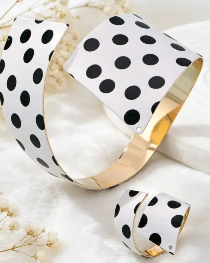 Juego de 2 Anillos de Pulsera con Diseño de Puntos Blancos y Negros, Estilo Minimalista, Abiertos, para Mujer, Accesorio Diario para Vacaciones 2