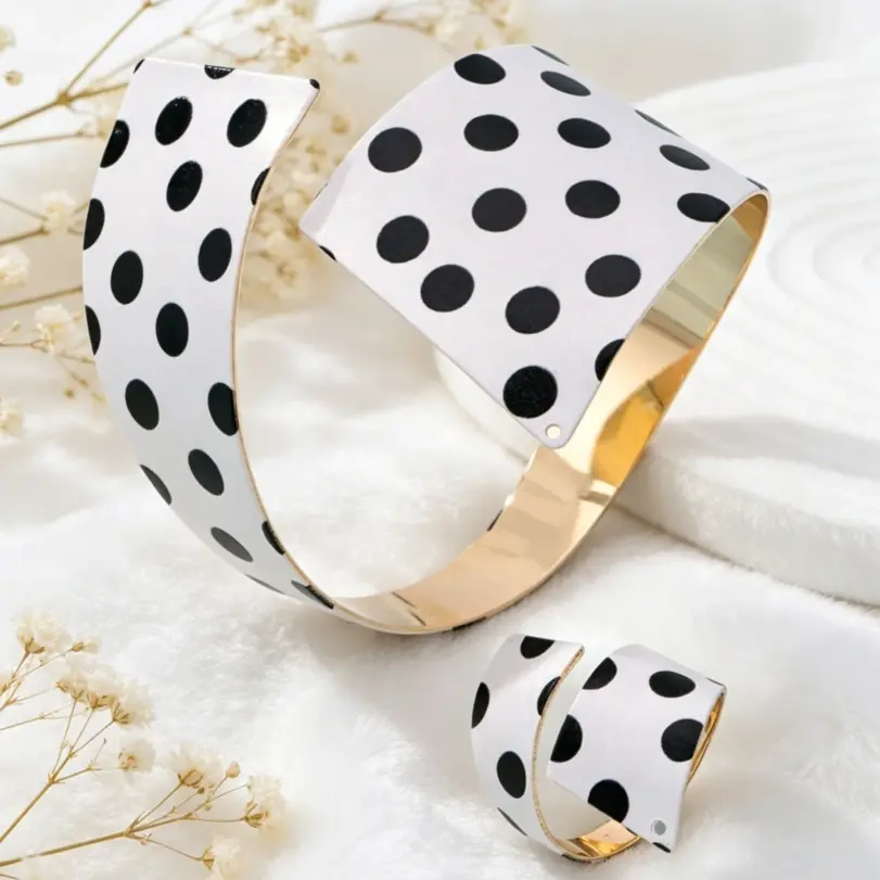 Juego de 2 Anillos de Pulsera con Diseño de Puntos Blancos y Negros, Estilo Minimalista, Abiertos, para Mujer, Accesorio Diario para Vacaciones 2