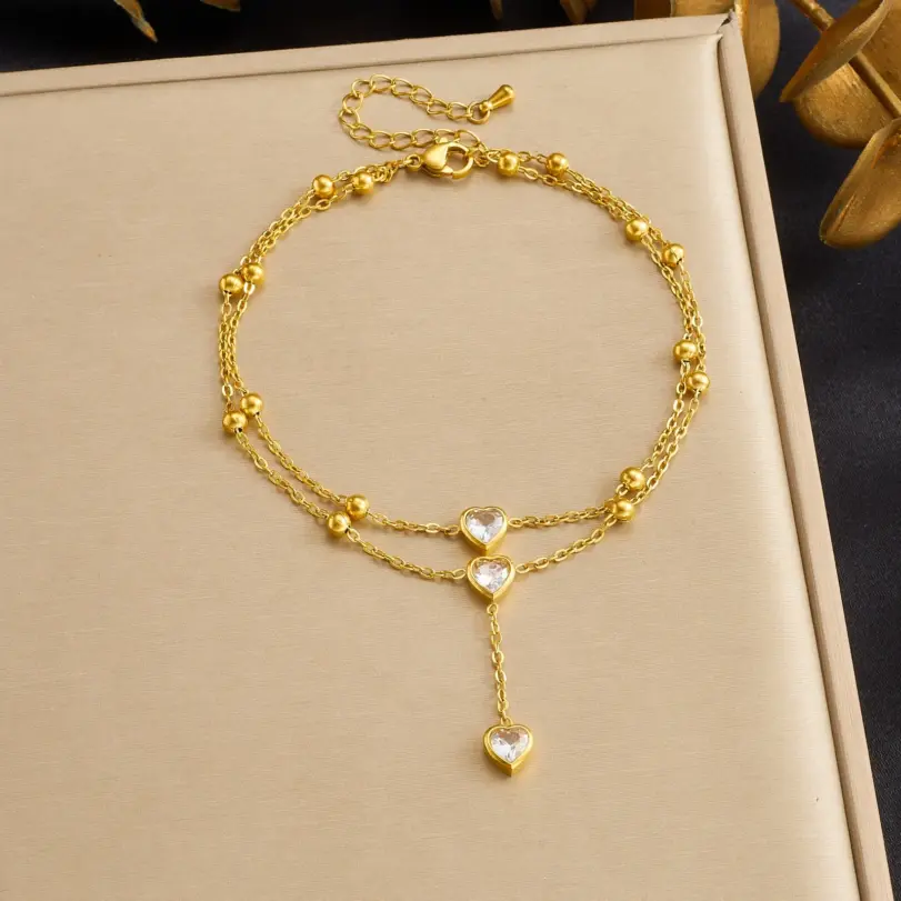 DIEYURO Tobilleras de Acero Inoxidable 316L con Colgante de Corazón Redondo Dorado e Incrustaciones de Circonio, Nuevas Cadenas para Pies para Mujer, Joyería Glamorosa Antioxidante 5