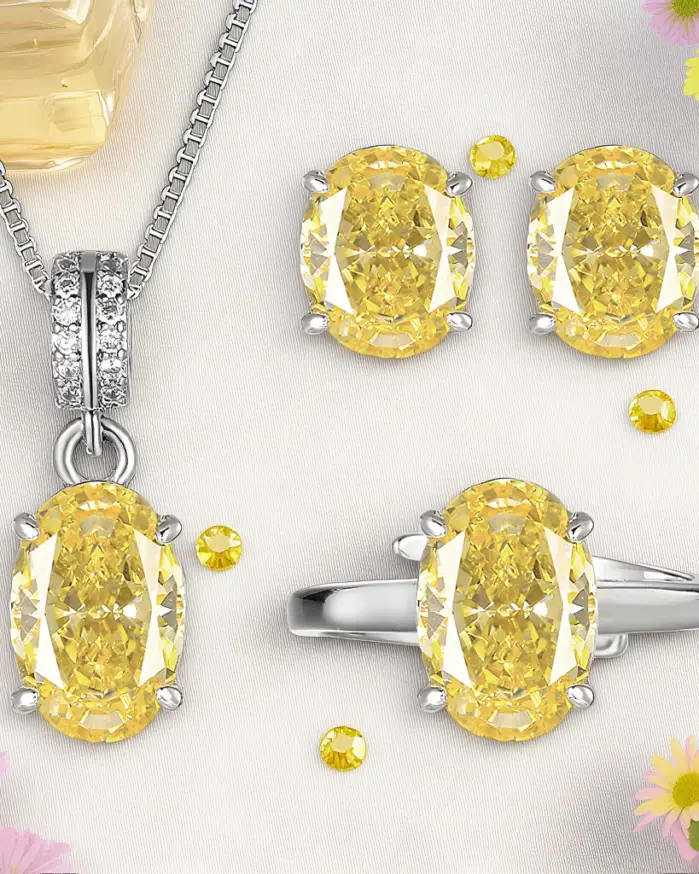 Juego de Joyería Vintage Elegante de 3 Piezas para Mujer, Collar con Forma de Huevo Amarillo, Gargantilla de Cristal Brillante, Aretes de Novia para Boda, Fiesta 1