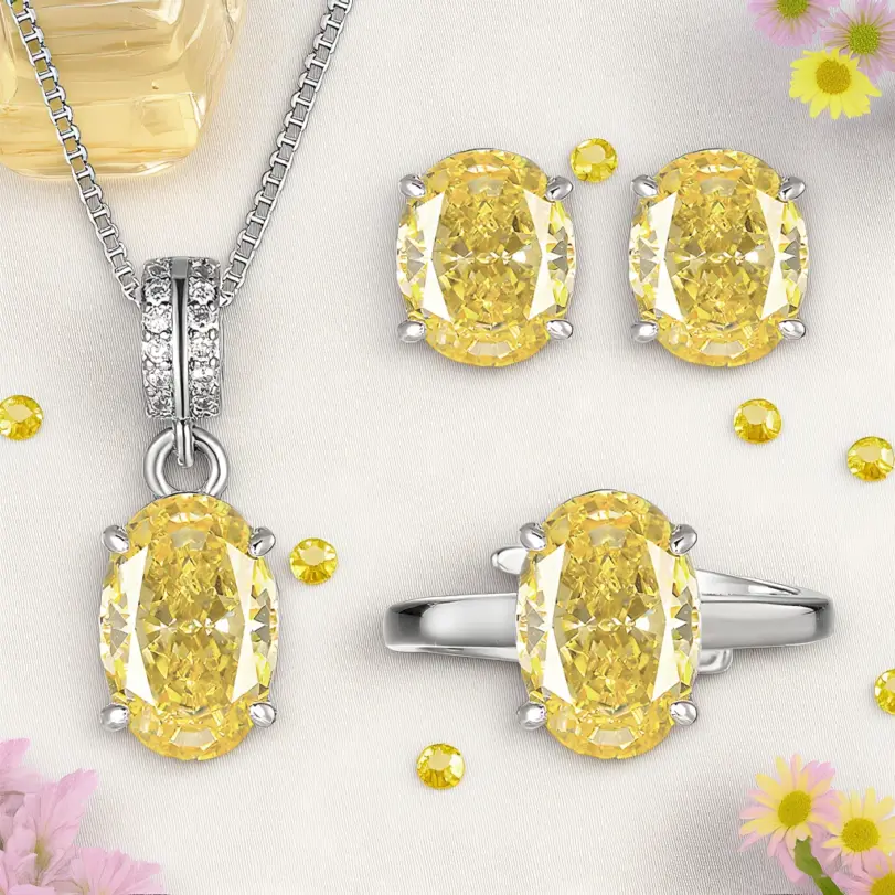 Juego de Joyería Vintage Elegante de 3 Piezas para Mujer, Collar con Forma de Huevo Amarillo, Gargantilla de Cristal Brillante, Aretes de Novia para Boda, Fiesta 1