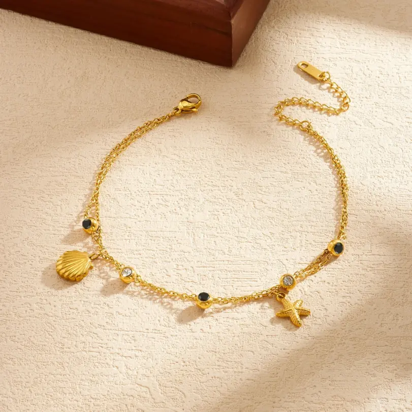 DIEYURO Tobillera de doble capa de acero inoxidable 316L con colgante de estrella de mar y circonita redonda blanca y negra, nueva joyería para mujer 3