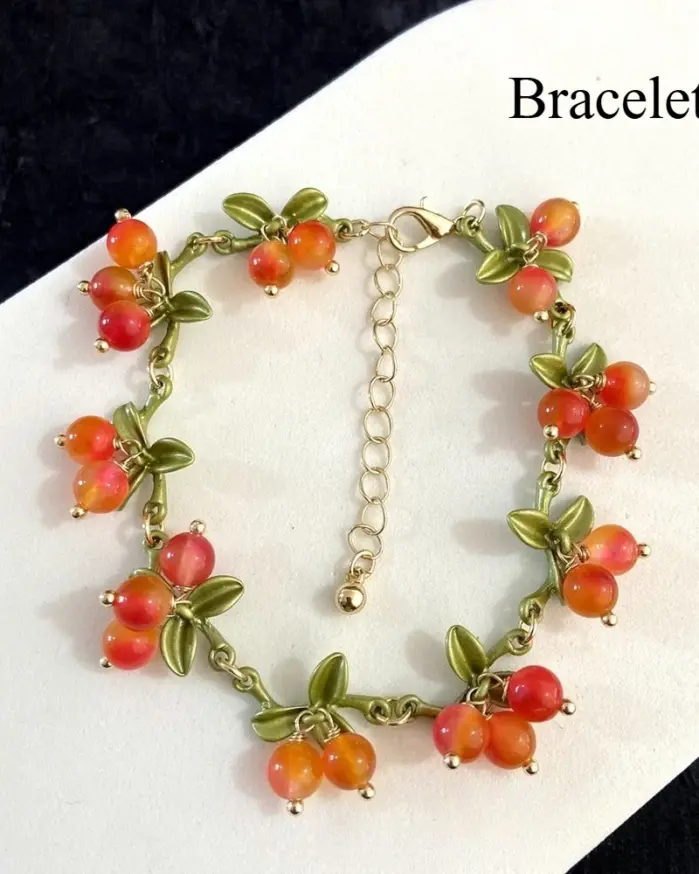 Conjunto de Joyería de Cuentas de Cristal con Diseño de Cereza Miniatura y Hoja Verde, que incluye Gargantilla y Pulsera Colgante, Estilo Dulce y Encantador, Serie Frutas Vintage 2