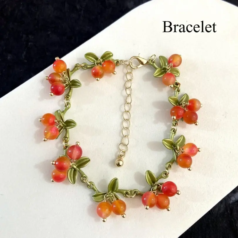 Conjunto de Joyería de Cuentas de Cristal con Diseño de Cereza Miniatura y Hoja Verde, que incluye Gargantilla y Pulsera Colgante, Estilo Dulce y Encantador, Serie Frutas Vintage 2