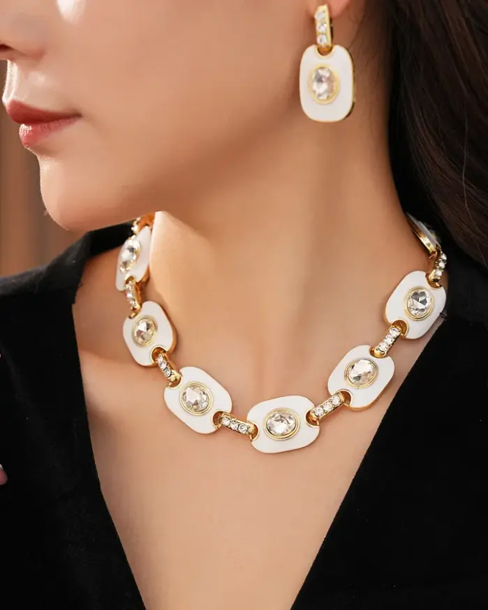 Juego de Joyería Vintage Elegante de 3 Piezas para Mujer, Collar Elíptico con Incrustaciones de Diamantes, Gargantilla de Cristal Brillante, Aretes de Novia para Boda, Fiesta 2