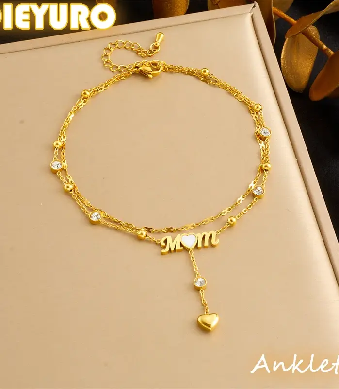DIEYURO-tobillera de acero inoxidable 316L, cadena de pie, joyería glamurosa, circón redondo, doble capa, corazón, mamá dorada, regalo de vacaciones 1