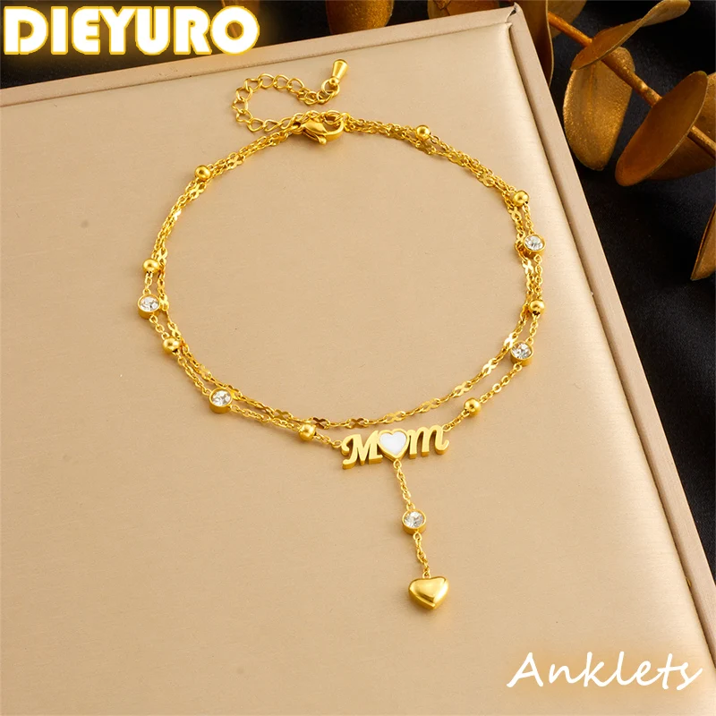 DIEYURO-tobillera de acero inoxidable 316L, cadena de pie, joyería glamurosa, circón redondo, doble capa, corazón, mamá dorada, regalo de vacaciones 1 DIEYURO-tobillera de acero inoxidable 316L, cadena de pie, joyería glamurosa, circón redondo, doble capa, corazón, mamá dorada, regalo de vacaciones 1
