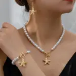 Conjunto de Collar de Perlas con Estrella de Mar Dorada, Cierre de Palanca, Gargantilla de Perlas, Pendientes y Pulsera, Juego de 3 Piezas para Mujer, Joyería Estética Estilo Sirena 4