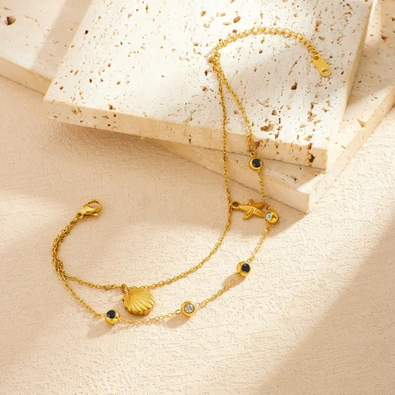 DIEYURO Tobillera de doble capa de acero inoxidable 316L con colgante de estrella de mar y circonita redonda blanca y negra, nueva joyería para mujer 4