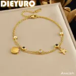 DIEYURO Tobillera de doble capa de acero inoxidable 316L con colgante de estrella de mar y circonita redonda blanca y negra, nueva joyería para mujer 1