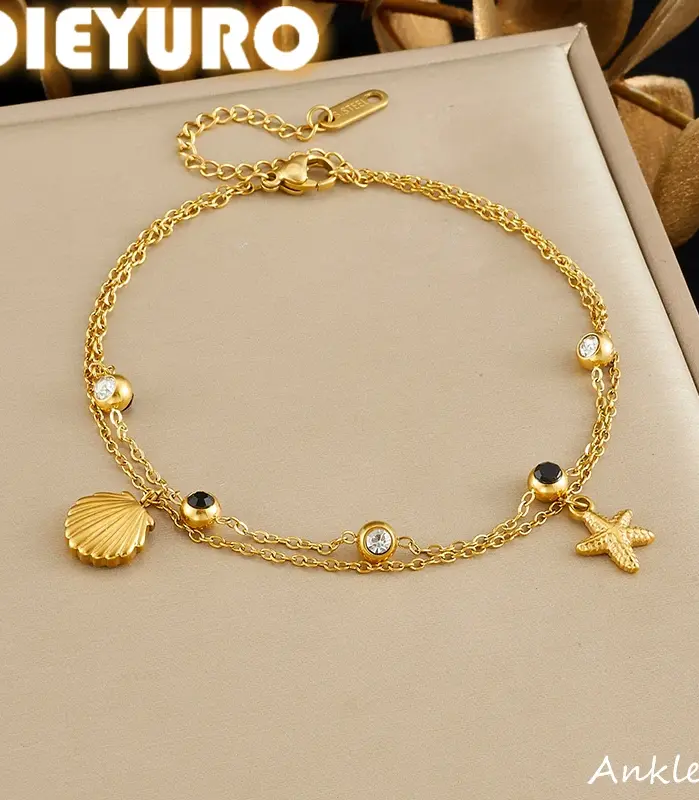 DIEYURO Tobillera de doble capa de acero inoxidable 316L con colgante de estrella de mar y circonita redonda blanca y negra, nueva joyería para mujer 1