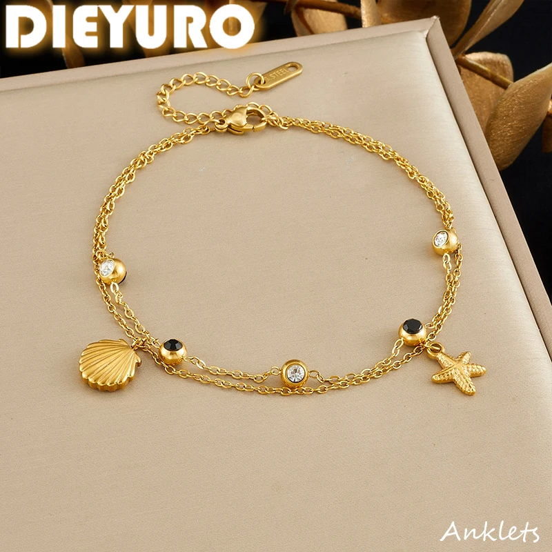 DIEYURO Tobillera de doble capa de acero inoxidable 316L con colgante de estrella de mar y circonita redonda blanca y negra, nueva joyería para mujer 1 DIEYURO Tobillera de doble capa de acero inoxidable 316L con colgante de estrella de mar y circonita redonda blanca y negra, nueva joyería para mujer 1
