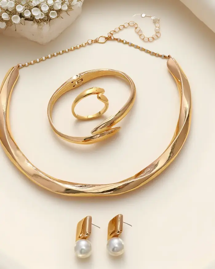 Juego de Joyería Elegante y Moderno de 5 Piezas para Mujer, Collar Irregular de Moda, Gargantilla Dorada Abierta, Aretes Casuales para Uso Diario, Regalo 1