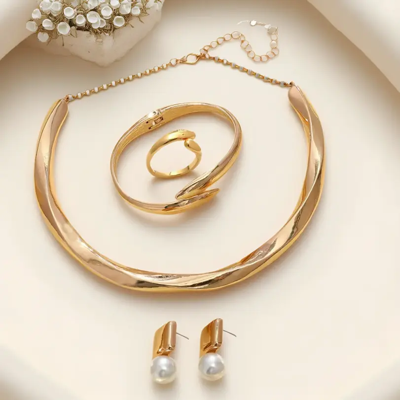 Juego de Joyería Elegante y Moderno de 5 Piezas para Mujer, Collar Irregular de Moda, Gargantilla Dorada Abierta, Aretes Casuales para Uso Diario, Regalo 1 Juego de Joyería Elegante y Moderno de 5 Piezas para Mujer, Collar Irregular de Moda, Gargantilla Dorada Abierta, Aretes Casuales para Uso Diario, Regalo 1