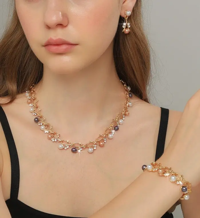 Juego de 4 Piezas de Collar de Perlas con Hojas de Vid Doradas para Mujer, Juego de Joyería Nupcial de Perlas Multicolores, Collar, Aretes, Pulsera, Regalo Romántico 2