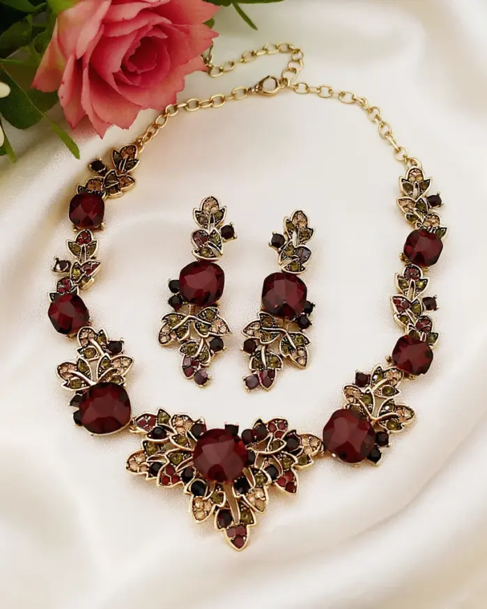 Juego de Joyería Vintage Elegante de 3 Piezas para Mujer, Collar con Hojas Cuadradas, Gargantilla de Cristal Brillante, Aretes de Novia para Boda, Fiesta 1