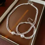 Juego de Joyería Vintage Elegante de 2 Piezas para Mujer, Collar de Perlas Redondas de Metal, Gargantilla Rosa Claro, Pulsera de Novia para Boda, Regalo para Fiesta 5