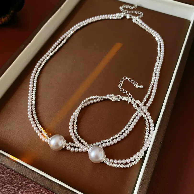 Juego de Joyería Vintage Elegante de 2 Piezas para Mujer, Collar de Perlas Redondas de Metal, Gargantilla Rosa Claro, Pulsera de Novia para Boda, Regalo para Fiesta 5