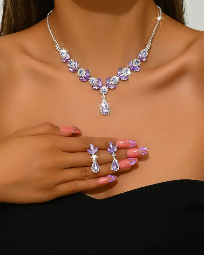 3 uds. Conjuntos de Collar de gota de agua brillante púrpura para mujer, Gargantilla, Collar, pendiente, conjunto de joyería para graduación, cumpleaños, boda nupcial 2