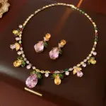 Juego de Joyería Vintage Elegante de 3 Piezas para Mujer, Collar con Hojas de Gota de Agua Coloridas, Gargantilla de Cristal Brillante, Aretes de Novia para Boda, Fiesta 5