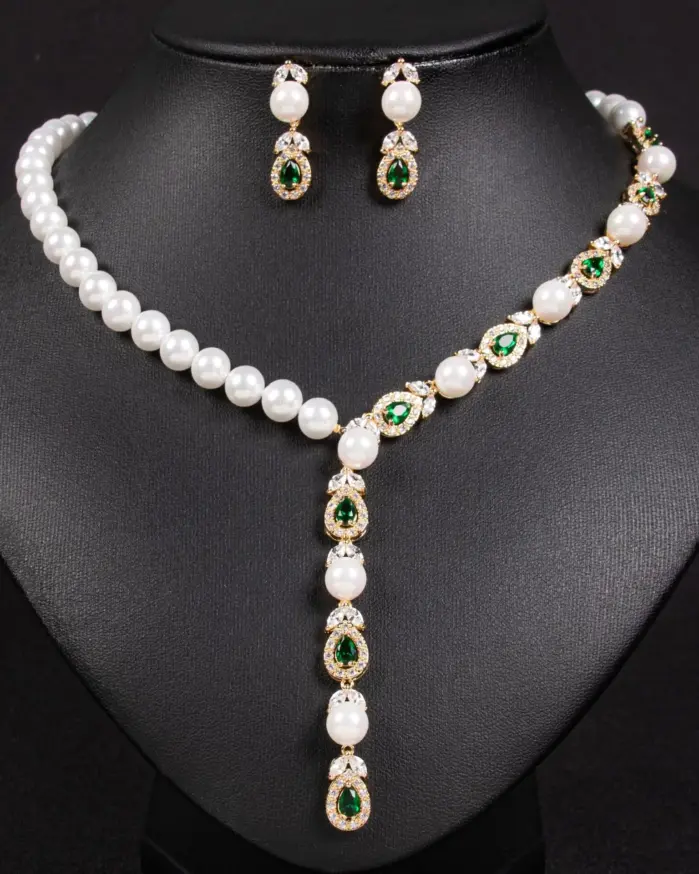 Juego de Joyería Vintage Elegante de 3 Piezas para Mujer, Collar de Perlas de Lujo, Gargantilla de Cristal Brillante, Aretes de Novia para Boda, Fiesta 2