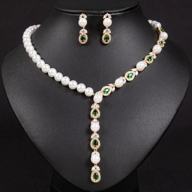 Juego de Joyería Vintage Elegante de 3 Piezas para Mujer, Collar de Perlas de Lujo, Gargantilla de Cristal Brillante, Aretes de Novia para Boda, Fiesta 2