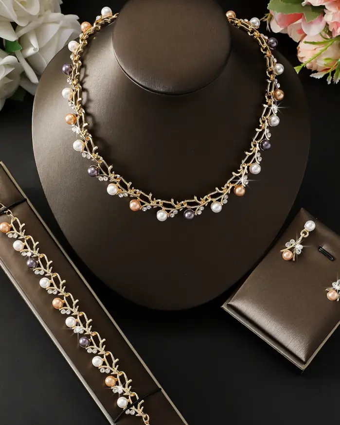 Juego de 4 Piezas de Collar de Perlas con Hojas de Vid Doradas para Mujer, Juego de Joyería Nupcial de Perlas Multicolores, Collar, Aretes, Pulsera, Regalo Romántico 1