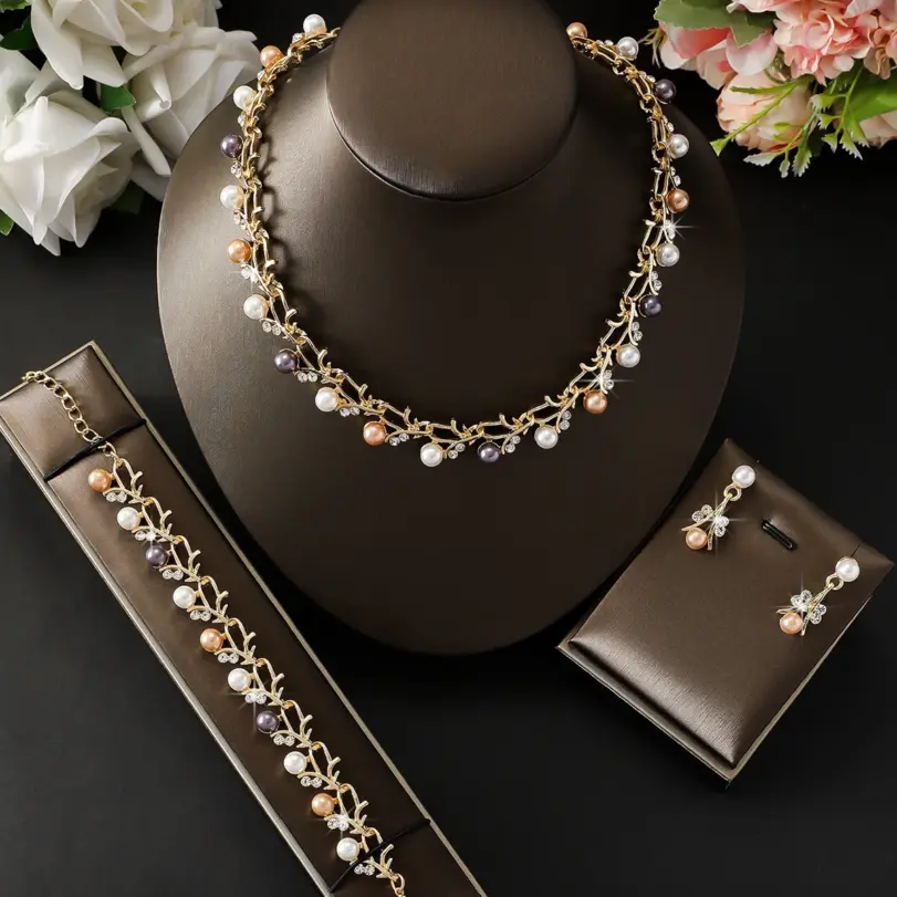 Juego de 4 Piezas de Collar de Perlas con Hojas de Vid Doradas para Mujer, Juego de Joyería Nupcial de Perlas Multicolores, Collar, Aretes, Pulsera, Regalo Romántico 1