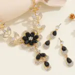 Juego de 3 Piezas de Joyería de Disfraces Dorada Glamurosa, Collar con Flor Negra Audaz, Joyería de Cristal Brillante para Boda, Regalo para Invitados de Gala o Baile de Graduación 1