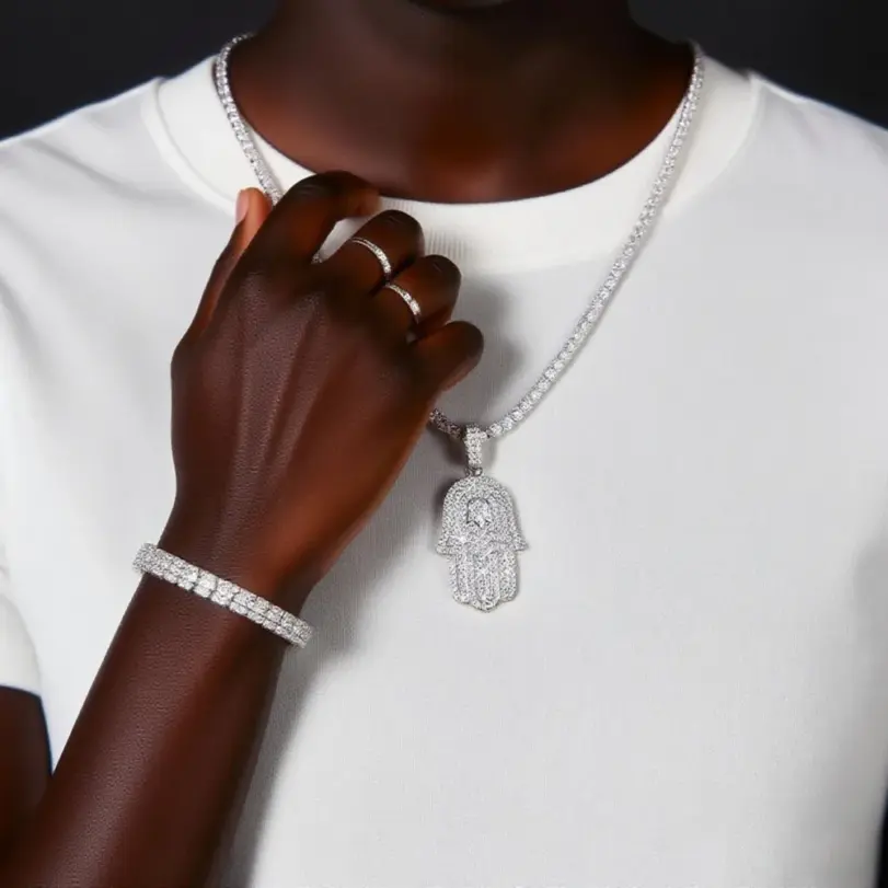 Collar de moissanita de Plata de Ley 925 TY para mujeres y hombres, collar con colgante de Palma de Hip Hop de moissanita completa, joyería fina de Navidad 3
