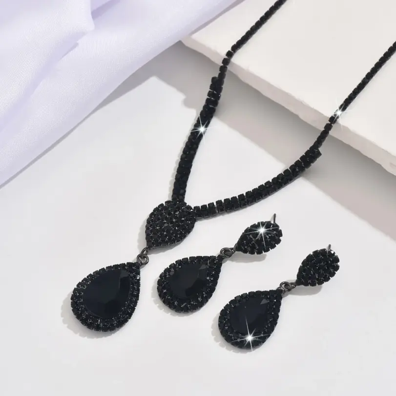 Conjunto de 3 uds de pendientes y collar con forma de lágrima negra de lujo discreto para mujer, accesorios de moda diarios para fiesta y Festival de Música 3