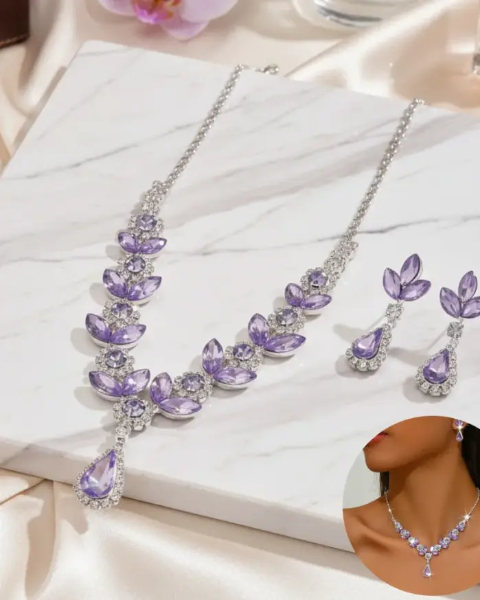 3 uds. Conjuntos de Collar de gota de agua brillante púrpura para mujer, Gargantilla, Collar, pendiente, conjunto de joyería para graduación, cumpleaños, boda nupcial 1
