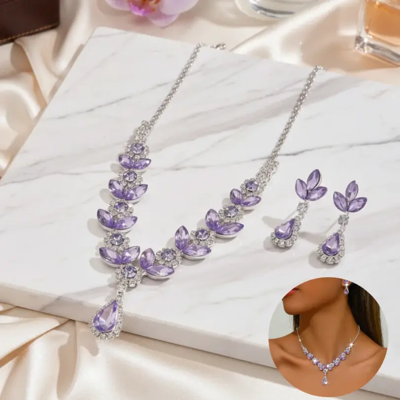 3 uds. Conjuntos de Collar de gota de agua brillante púrpura para mujer, Gargantilla, Collar, pendiente, conjunto de joyería para graduación, cumpleaños, boda nupcial 1