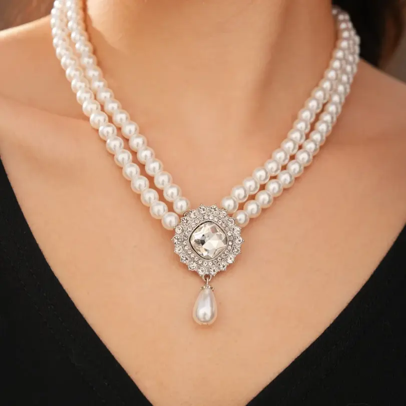 Juego de Joyería Vintage Elegante de 3 Piezas para Mujer, Collar con Forma de Gota de Perla, Gargantilla de Cristal Brillante, Aretes de Novia para Boda, Fiesta 3