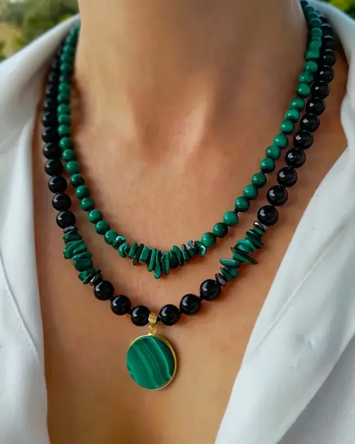 Juego de collar de doble capa de malaquita y ágata negra de 2 piezas para mujer, joyería hecha a mano con piedra natural y cuentas de múltiples hebras 1
