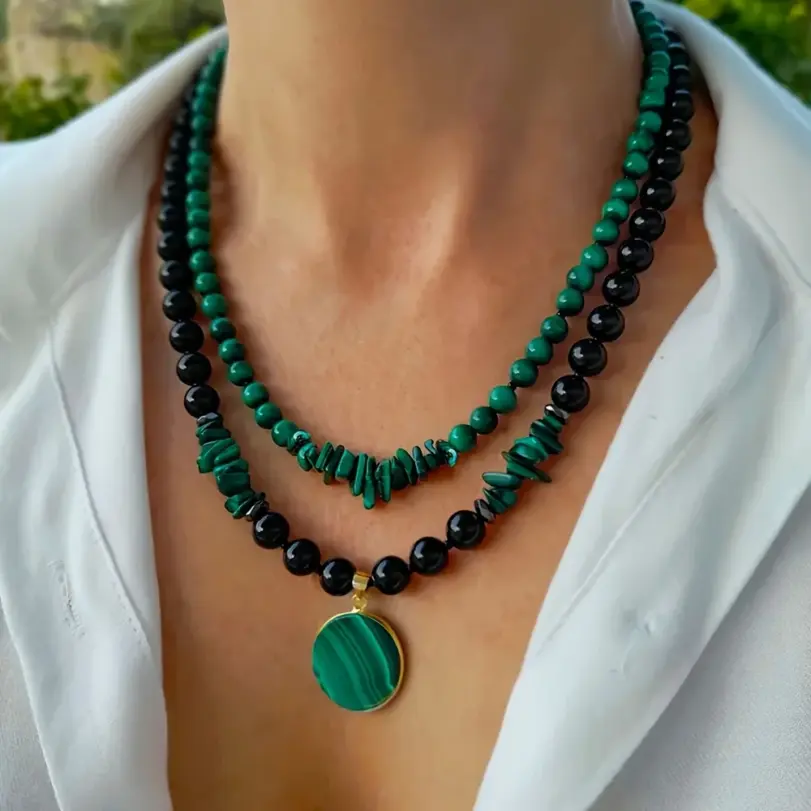 Juego de collar de doble capa de malaquita y ágata negra de 2 piezas para mujer, joyería hecha a mano con piedra natural y cuentas de múltiples hebras 1 Juego de collar de doble capa de malaquita y ágata negra de 2 piezas para mujer, joyería hecha a mano con piedra natural y cuentas de múltiples hebras 1