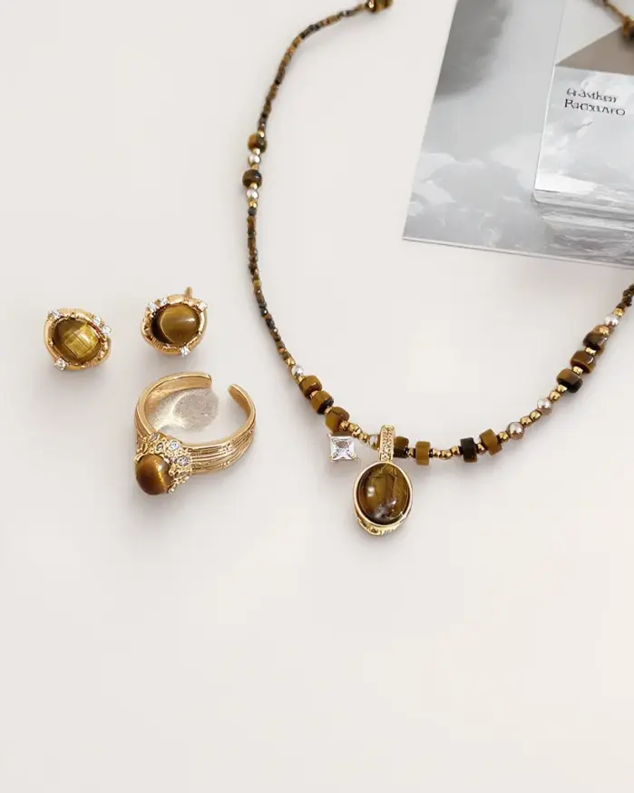 Juego de Joyería Vintage Elegante de 4 Piezas para Mujer, Collar con Circonitas Marrones, Gargantilla de Cristal Brillante, Aretes de Novia para Boda, Fiesta 1