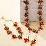 Conjunto de Joyería de Cuentas de Cristal con Diseño de Cereza Miniatura y Hoja Verde, que incluye Gargantilla y Pulsera Colgante, Estilo Dulce y Encantador, Serie Frutas Vintage 4