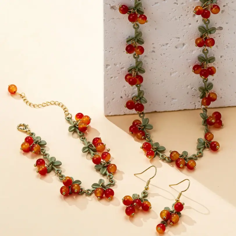 Conjunto de Joyería de Cuentas de Cristal con Diseño de Cereza Miniatura y Hoja Verde, que incluye Gargantilla y Pulsera Colgante, Estilo Dulce y Encantador, Serie Frutas Vintage 4