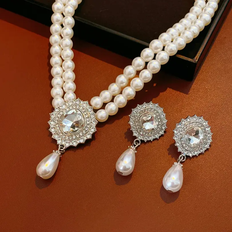 Juego de Joyería Vintage Elegante de 3 Piezas para Mujer, Collar con Forma de Gota de Perla, Gargantilla de Cristal Brillante, Aretes de Novia para Boda, Fiesta 5